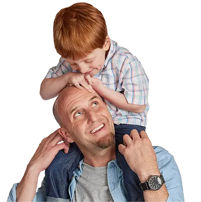 Emmett held on his father's shoulders, both smiling